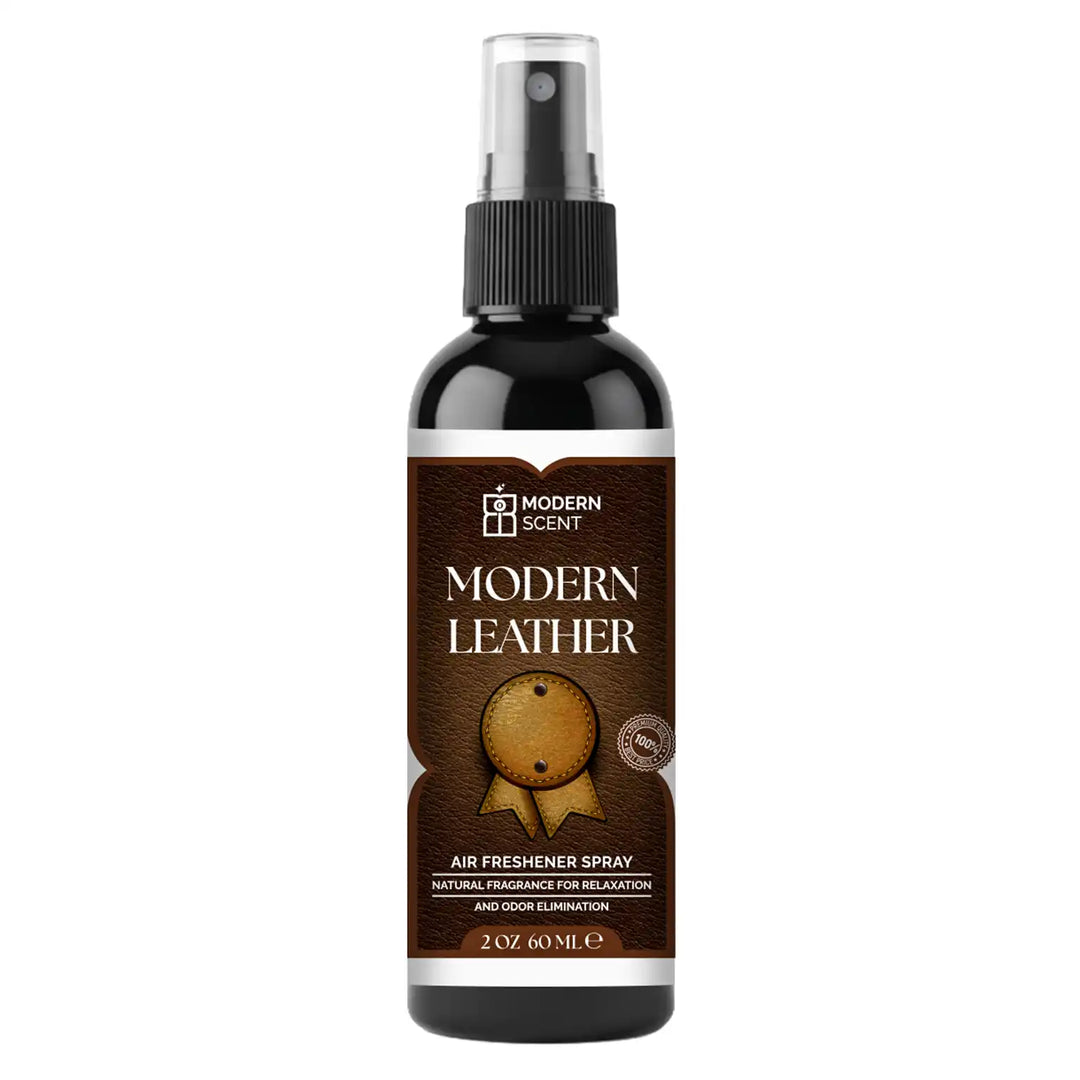 Modern Leather air freshener spray bottle on a white background