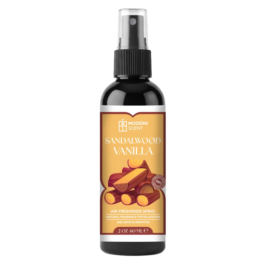 Sandalwood Vanilla air freshener spray bottle on a white background