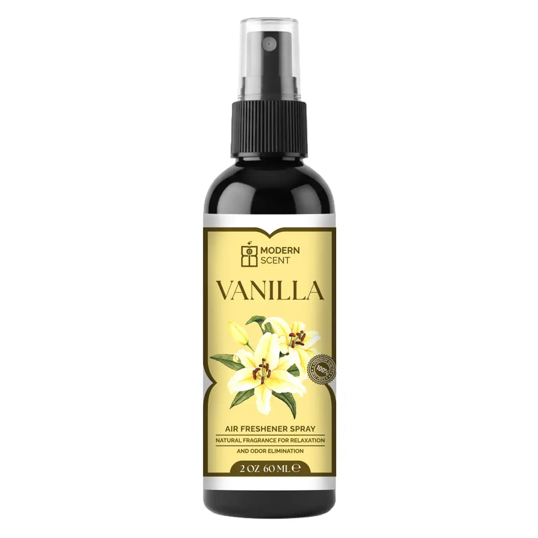 Vanilla air freshener spray bottle with floral design on a white background